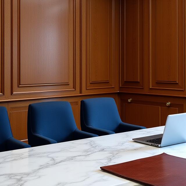 A prestigious London legal office interior with traditional oak paneling and modern desk setup